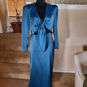 WAYF Poppy Cutout Tie Front Long Sleeve Midi Dress, Dark Teal - Size Small